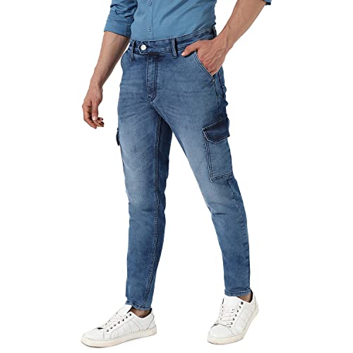Campus Sutra Men’s Blue Medium-Wash Cargo Denim Jeans | Stretchable Cotton Mid-Rise Denim Jeans Crafted with Comfort Fit and High Performance for Everyday Wear