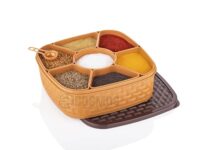 E-COSMOS Plastic Square 7 Sections Multipurpose Masala Rangoli Dabba Box Set, Spice Box Set – Brown (Masala Box – 7 in 1)