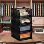 Kuber Industries (Pack of 4) Foldable Cupboard Organizer For Clothes – Stackable Closet Organizer For Wardrobe – For Shirt | T shirt | Jeans – Plastic Cupboard Dress Racks For Clothes Storage (Black)