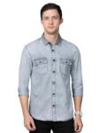 SMILE STONE Men Twill Grey Denim Full Sleeve Casual Solid Regular Fit Double Pocket Shirt