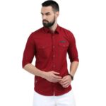 Rocket Science Men’s Casual Wear Double Pocket Shirt | Slim Fit, Spread Collar, Full Sleeves, 100% Cotton Oxford Fabric Maroon