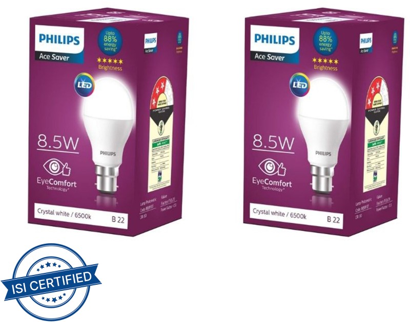 PHILIPS 8.5 W Round B22 LED Bulb(White, Pack of 2)
