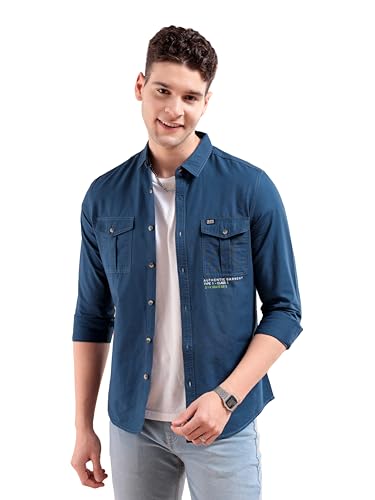 The Indian Garage Co Men’s Geometric Slim Fit Shirt (1220-SHSTR71-04_Teal XL)