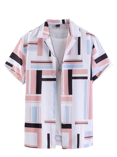 SMOWKLY Spread Collar Geoetric Printed Short Sleeve Shirt for Men 1183_PNK_S Pink