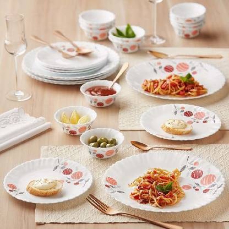 Larah by Borosil Pack of 34 Opalware Galaxy Dahlia Crockey Set for Dining & Gifting, Plate & Bowl Dinner Set(White, Pink, Microwave Safe)