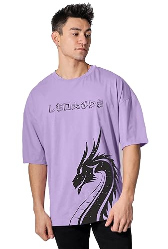 LEOTUDE Cotton Blend Half Sleeve Dragon Printed Oversized T-Shirts for Men (FS49PRPLE_DRGN_P_Purple_Color_L)