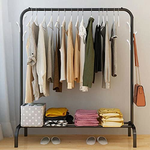 House of Quirk Metal Garment Rack Heavy Duty Indoor Bedroom Clothes Coat Stand Shoes Rack, with Top Rod and Lower Storage Shelf Clothes Rack 6 Hooks(114x38x110cm) Black