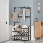 Lukzer 4 Bottom Shelves Shoes and Garment Metal Stand with Hooks Multipurpose Balcony Bedroom Living Room Space Organizer Storage Rack (Black/150x80x25cm)