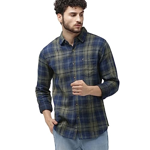 The Indian Garage Co Men’s Slim Shirt (0519-SH02-07-Beige/Navy_Beige Medium)