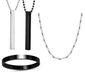okos Men’s Stainless Steel Jewellery Set Combo Pack of 2 Cuboid Vertical Bar Pendant With 1 Rhodium Plated Rice Shape Link Neck Chain And 1 Black Finish Full Kada Bracelet For Boys and Men