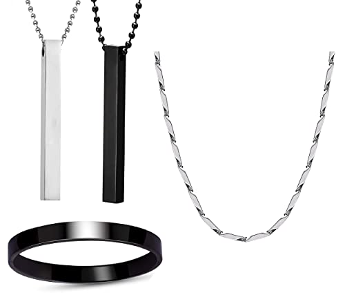 okos Men’s Stainless Steel Jewellery Set Combo Pack of 2 Cuboid Vertical Bar Pendant With 1 Rhodium Plated Rice Shape Link Neck Chain And 1 Black Finish Full Kada Bracelet For Boys and Men