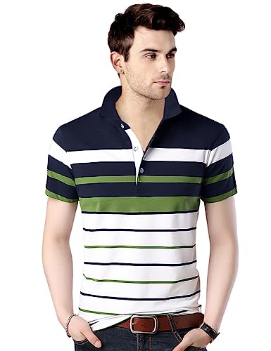EYEBOGLER Mens Cotton Blend Casual Polo Neck Half Sleeve Regular Fit Striped Printed Tshirt,Men Best Tshirt, Polo Styles