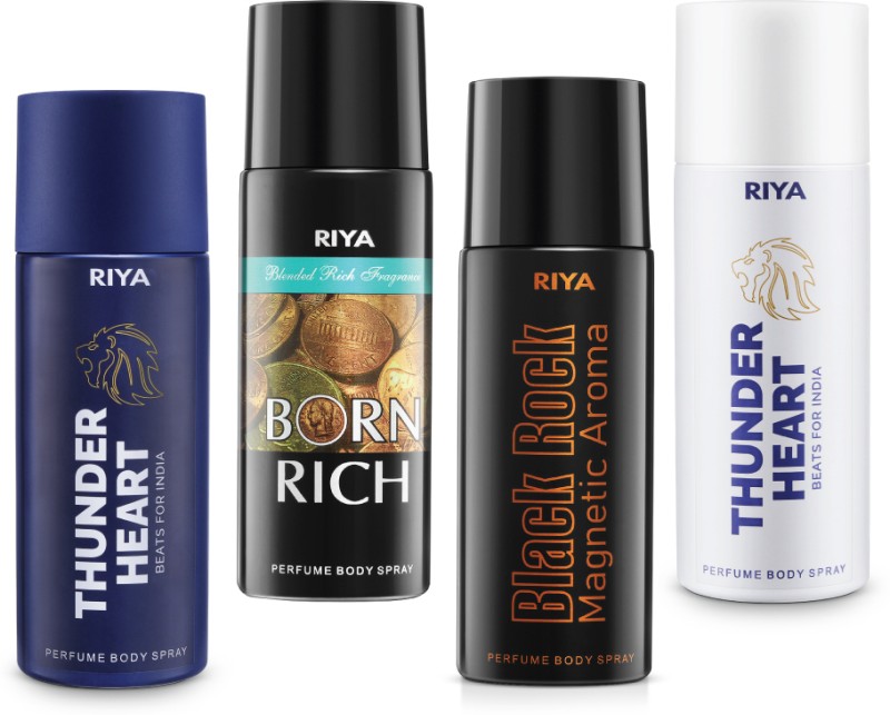 RIYA Thunder Heart Blue & Born Rich & Black Rock & Thunder Heart White Como Set Deodorant Spray  –  For Men(600 ml, Pack of 4)