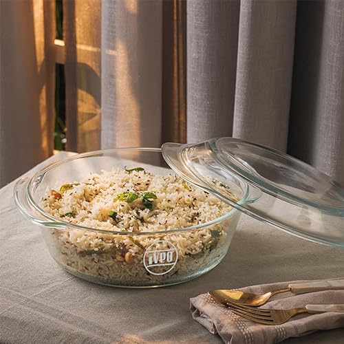 Borosilicate Glass Casserole by iveo, Microwave Safe Cook Serve Stotre Casserole Bake Mate | for Cooking Rice, Curry, Cake, Delious Bakery Food | With Lid | 2.0 L, Round, 1 Pc, Clear