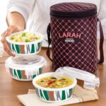 Larah by Borosil Geo Green Lunch Box with Lunch Bag, Tiffin Box for Office for Men, Lunch Box for Women, 3 x 400 ml containers, Round, Microwave-Safe Lunch Box