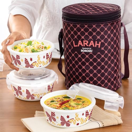Larah by Borosil Veera Orange Lunch Box with Lunch Bag, Tiffin Box for Office for Men, Lunch Box for Women, 3 x 400 ml containers, Microwave-Safe Lunch Box
