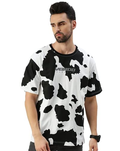 Veirdo® Pure Cotton Oversized Loose Baggy Fit Cow & Zebra Animal Print White, Black & Lilac Round Neck T-Shirt with All Over Print for Men & Boys