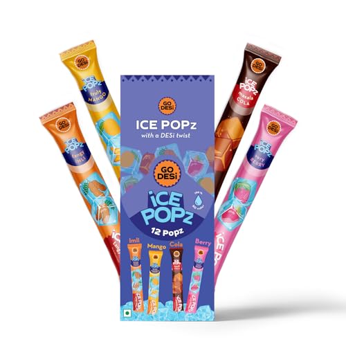 GO DESi ice popz : 12-Pack Assorted 4 Flavours Fruit Ice Popsicles | Ice Pops (70ml Each) – Masala Cola, Mango, Very Berry, Tangy Imli Flavors