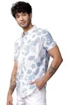 LookMark Men’s Cotton Blend Stitched Solid Half Sleeve Shirt(Printed Shirt Blue Leaf-L)