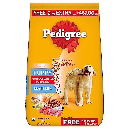 Pedigree Puppy Dry Dog Food, Meat & Milk Flavour, 20 + 2 Kg Free, Complete and Balanced Nutrition for All Breed Size Puppy Dogs