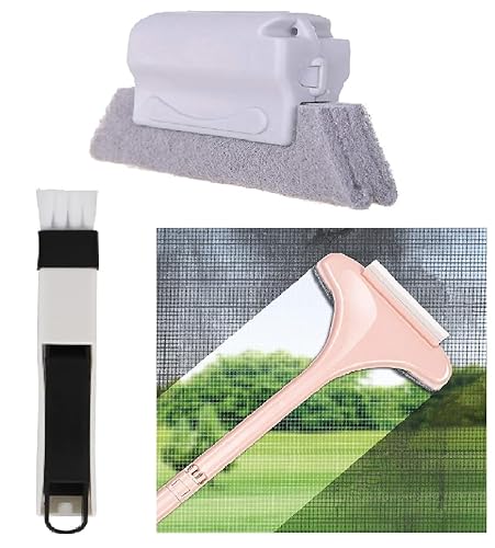 Houvida Complete Window Cleaning Set: Groove Cleaner, Wiper and Mesh Cleaner, Slot Cleaner Brush with Mini Pan,Durable Plastic Handle (Set of 3 Piece) Multicolor