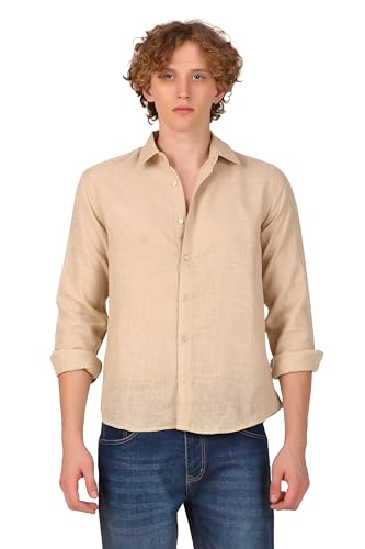 Patrinus Full Sleeves Casual Shirt with Regular Coller for Men’s | 100% Linen, Full Sleeves, Regular Coller Shirt (Medium, Chiku)