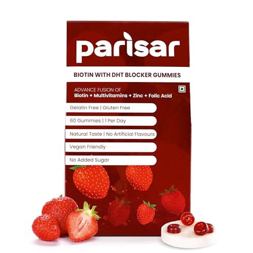 Parisar Pharma Biotin Gummies for Strong, Shiny, & Thick Hair | Vitamin A to E | Zinc | Alma | Green Tea Extract | Biotin | Pack of 60 Gummies for Men & Women – 60 Gummies (Pack of 1)