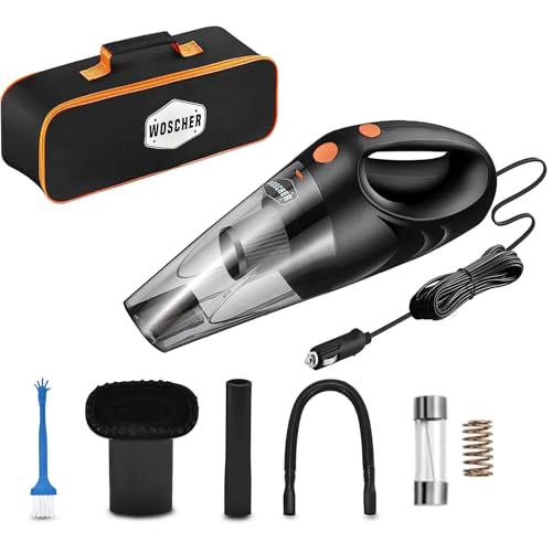 WOSCHER 1612 Portable Car Vacuum Cleaner | 110W | 5000PA Suction Power | Powerful Handheld Vacuums for Deep Cleaning Dirt, Dust, Pet Hair, Multipurpose Vacuum Cleaner with HEPA Filter | 12V | Black