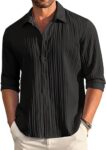CB-COLEBROOK Men’s Casual Button Down Shirts Long Sleeve Linen Shirt Fashion Textured Beach Summer Shirt (X-Large, Black)