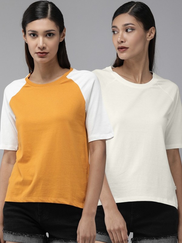Roadster Solid Women Round Neck Yellow T-Shirt