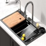 clayplus Kitchen Sink with Waterfall and Pull-down Faucet/304 Grade Stainless Steel Sink Multifunctional Waterfall Kitchen Sink 304 GRADE All in One 30×18 inch Vessel Sink(Diamond Black)