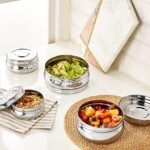 Amazon Brand – Solimo Steel Flat Canisters/Puri Dabba/Storage Containers, Set of 4 (350ml, 450ml, 620 ml, 750 ml, Stainless_Steel)