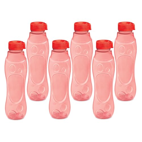 Milton Grammy Pet Water Bottle Set of 6, 1 Litre Each, Red | BPA Free | Food Grade | Recyclable | Resuable | Sports | Gym | Home | Kitchen | Travel Bottle | Hiking | Treking | Reusable