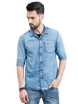 Regrowth Men Faded Blue Denim Casual Full Sleeves Regular Fit Shirt