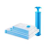 GLUN® Vacuum Storage Bag 5 Pieces 1 Large, 2 Medium and 2 Small (100 x 80 cm, 80 x 60 cm, 70 x 50 cm) include Pump, Travel Vacuum Reusable Bags for Clothes, Blanket and Other Clothe Item Shrinker