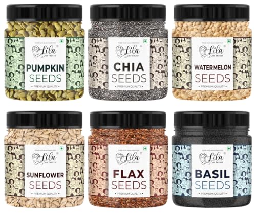 LILA DRY FRUITS 6 Superseed Combo (Basil, Chia, Sunflower, Watermelon, Pumpkin & Flax) 6 x 100 Gms Jar Pack | Healthy Combo for Immunity and Weight Loss | Mix Seeds for Diet | Superfood Snacks