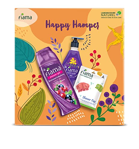 Fiama Gift Pack Happy Hamper | Body Wash Shower Gel Blackcurrant & Bearberry 250ml, Hand Wash Relax 400ml, Bath Accessory Shower Cap, Combo Set of 3, Gift For Men & Women, Anniversary Gift, Birthday Gift