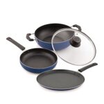 Attro Aluminium Imperial 4Pcs Non Stick Combo Kitchen Induction and Gas Compatible Cookware Set Kadai, Fry Pan, Dosa Tawa & 1 Glass Lid- Indigo Blue Matt