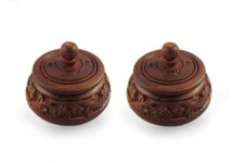 Ayra Crafts Sheesham Wood Round Hand Carved Sindoor Box (Brown, Standard Size) – Set of 2
