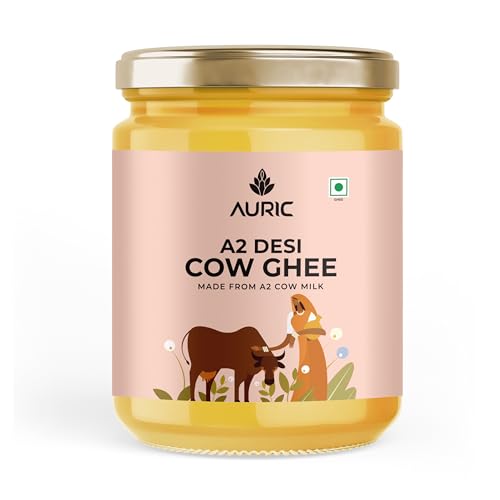 Auric A2 Bilona Desi Cow Ghee 1L – Vedic Bilona Method – Traditional Curd Churned – Lab Tested – Organically Made Danedar Ghee – Grass Fed Sahiwal and Gir Cow – Glass Jar