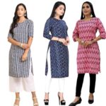 RaFaKHa Fashion Design Redple Printed Kurti 3/4 Sleeves|Casual | Upper Wear|Western Outfit for Girls & Women|Poly Crepe Kurtis Combo 3 (Blue, Navy Blue & Red,L)