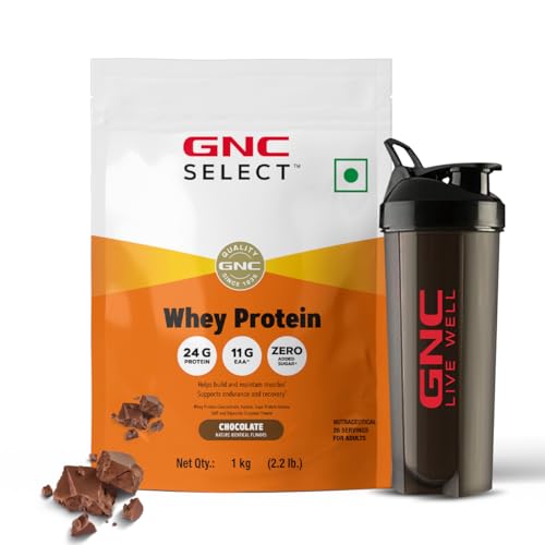 GNC Whey With Free Shaker | 2.2 LBS (1KG) | Chocolate | 24 Gm Protein| Digestive Enzyme For Better Digestion | Faster Muscle Recovery | Boosts Strength & Endurance | Zero Added Sugar | Builds Lean Muscles | Formulated In USA | Imported