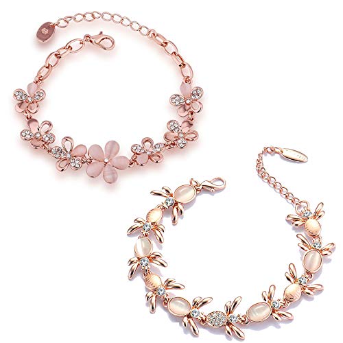 Om Jewells Valentine Rose Gold Jewellery Combo of 2 Designer Adjustable Link Alloy Bracelet Decorated with Cats Eye Stones & Crystal Elements for Women CO1000278 (Pink)