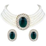 I Jewels Gold Plated Traditional Green Stone Studded Pearl Choker Necklace Jewellery Set For Women/Girls (ML316G)