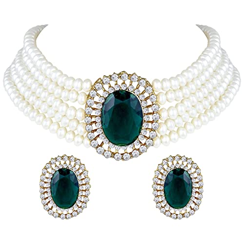 I Jewels Gold Plated Traditional Green Stone Studded Pearl Choker Necklace Jewellery Set For Women/Girls (ML316G)