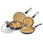 Bergner Optimum Aluminium 3-Layer Non-Stick 5 Pcs Cookware Set – 28cm Tawa, 18cm Frypan, 24cm Frypan, 24cm (2.5 L) Kadai, 24cm Common Glass Lid for Frypan & Kadai, Bakelite Handle, Induction Bottom