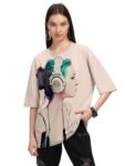 HELLCAT Beige Trendy Printed Oversized T-shirt for Women / Beige3 / Medium
