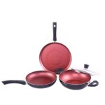 Wonderchef Galaxy Cookware 4 Piece Set | Kadhai with Lid, Fry Pan, Dosa Tawa | Induction Friendly | Cool Touch Bakelite Handles | Pure Grade Aluminium| PFOA Free| 2 Years Warranty | Brick Red