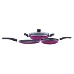 Wonderchef Trivia Premium Aluminium Cookware Set of 4 Pieces – Purple, 1-Frying Pan 24cm, 1-Dosa Tawa 24cm, 1-Wok 24cm with Lid (Purple)