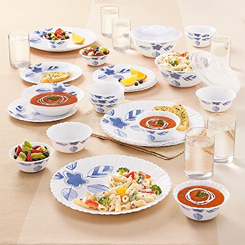 Cello Aqua Leaves Dazzle Series Opalware Dinner Set, 37 Pieces, Service for 6, White, Extra Large (Model: CLO_OPLWR_DZZL_AQLVS_DS_37PCS)